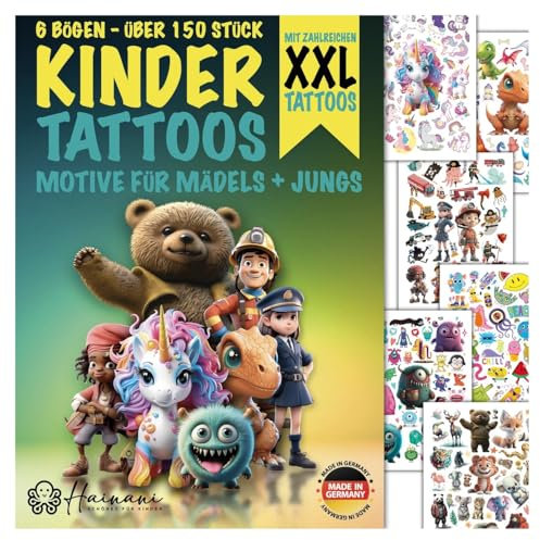 Hainani Kindertattoos hautfreundlich und Made in Germany mit über 150 Motiven und XXL Tattoos für Mädchen und Jungs - dermatologisch mit sehr gut getestet - vegan - Tattoo Kinder - EU geprüft