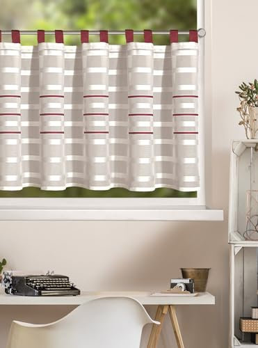 KAMACA Bistrogardine mit Schlaufen Panneau Scheibengardine Küchengardine Kurzstore transparent Küche Schlaufenpanneau Voile (HxB 50x140 cm Linea rot)