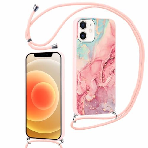 ZhuoFan Handykette für iPhone 12 Pro/iPhone 12 Hülle mit Band, Aesthetic Rosa Marmor Muster Verstellbarer Halskette Handyhülle mit Kordel zum umhängen Silikon Stoßfest Schutzhülle mit Kette, 06