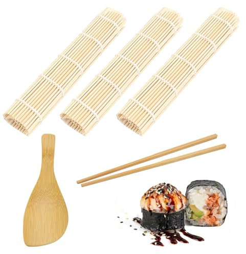 BNOYONERAS 3 Tapis de Sushi de Roulement, Natte Bambou pour Sushi, Tapis Sushi, Bambou Sushi DIY Kit, avec 1 Paires de Baguettes, 1 Cuillère à Riz, Kit de Préparation de Sushis pour Débutants