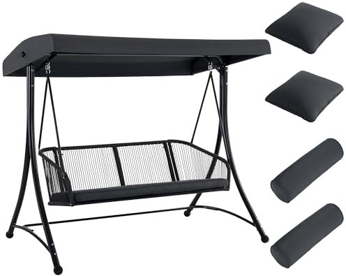 M MCombo Hollywood swing 3 posti, altalena da giardino con tettuccio parasole regolabile, lettino da giardino resistente alle intemperie, coprisedile lavabile 8026 (giallo scuro grigio)
