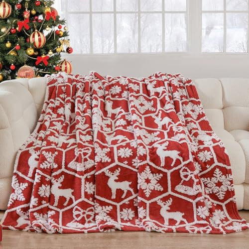 WONGS BEDDING Weihnachtsdecke Kuscheldecke 220x240 cm Flauschig Weihnachts Decke Wohndecke Warme Fleecedecke Weiche Sofadecke Couchdecke für Bett Sofa Schlafzimmer Büro, Rot Rentier Schneeflocken
