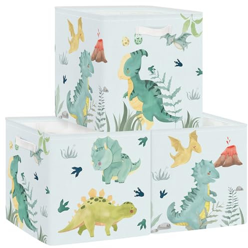 Clastyle 3 Stück Dinosaurier Kinder Aufbewahrungsbox Blatt Stoff Jungen Mädchen Aufbewahrungskorb mit Griffen Spielzeug Aufbewahrungswürfel Organizer für Bücher Kleidung, Vulkane, 30x30x30 cm