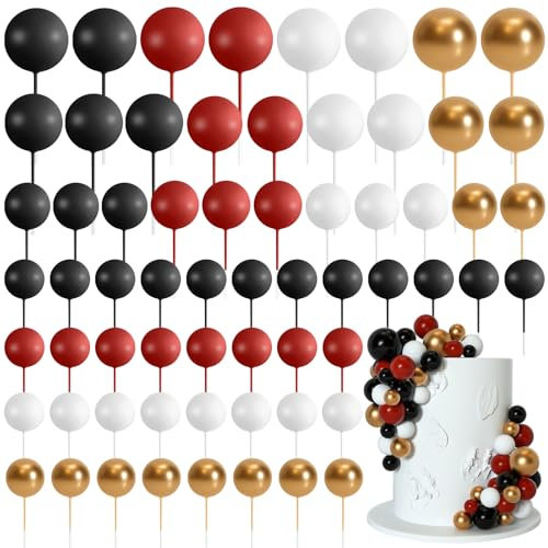 Bouiexye 75 Pieces Cake Balls Topper Decorations Foam Cupcake Topper Mini Balloon Cake Topper Balls Cake Picks for Cake Deco Birthday Party Wedding(Black, Red, Gold, White)