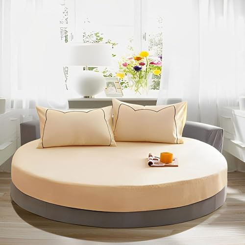 Highdi Rund Spannbettlaken Weiches Atmungsaktiver Mikrofaser Bettlaken, Baumwolle Matratzenschoner Tiefe Tasche für bis 25cm Matraze (240cm,Beige)