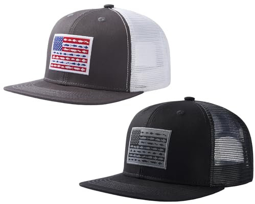 Bassdash 2 Pack Flache Krempe Trucker Cap Einstellbare Snapback Hut Mesh Zurück für Männer Frauen Angeln Jagd