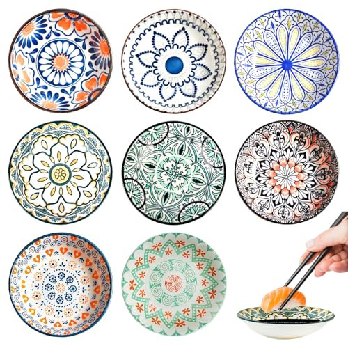 BORDEAG 8 Pcs Dessertschalen Keramik, Tapas Schalen, Gewürzschalen Klein, Dipschalen Porzellan, Servierschalen Set Flach Keramik Dipschalen, Dipschälchen Kleine （Zufälliger Stil） (Natur)
