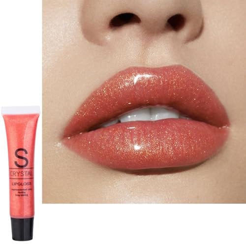 Coral Glitter Lip Gloss Shimmering Lipgloss, Moisturizing Hydrating Metallic Shiny Lipstick Non-sticky Plumping up High Gloss Vivid Orange Red Lip Stain, Gift for Women