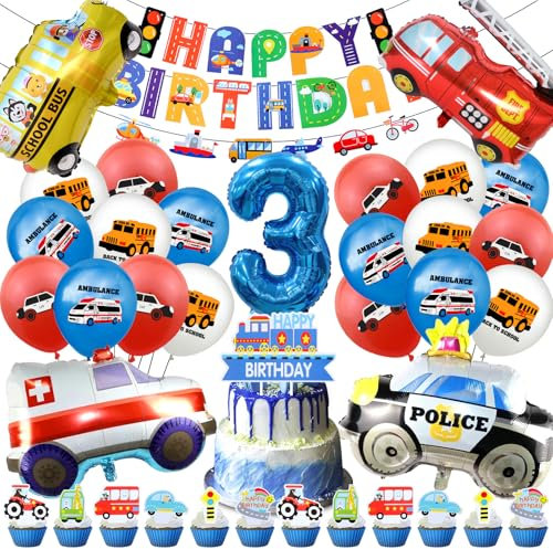 Cars Deko Kindergeburtstag 3 Jahre,Auto Geburtstagsdeko Luftballon 52 Pcs,Feuerwehrfahrzeuge Truck Party Ballons,Auto Thema Geburtstag Set mit Banner Tortendeko,Motorrad Folienballon Helium