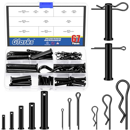 Glarks Set di 67 forcine in 11 misure con coppiglie e clip a R, colore nero, include 33 perni per cerniera con 17 raccordi per chiave e 17 clip a R, kit di perni a testa piatta a foro singolo