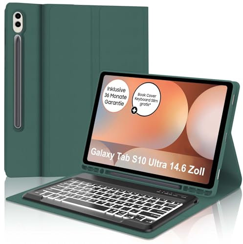 IVEOPPE Tastatur für Samsung Galaxy Tab S10 Ultra 2024, Hülle Tastatur Galaxy Tab S10 /S9 Ultra, Abnehmbarer QWERTZ Beleuchtung Keyboard für Samsung S9/S10 Ultra 14.6 Zoll, Dunkelgrünes