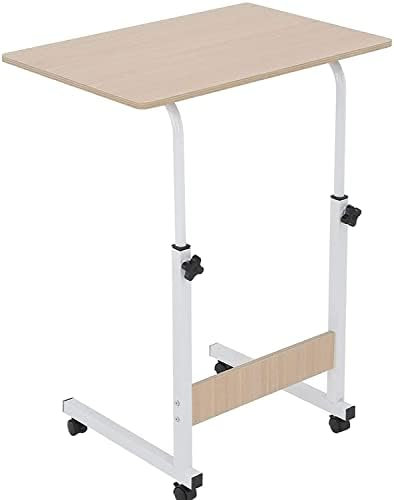 CROWNSHOP Height Adjustable Mobile Table 40x60(70-80) cm Side Table Workstation Laptop Overbed Multi Table with Metal Frame Rolling Castors - Light Wood Color