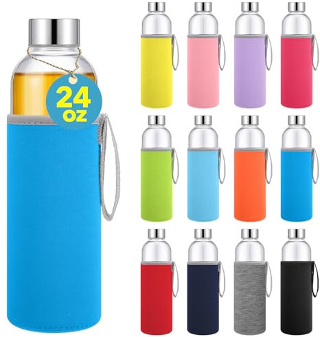 Vesici 12 Set 24 oz Clear Glass Water Bottles with Colorful Protection Sleeves, Reusable Leakproof Juice Bottles for Travel, Milk, Smoothies, Tea, Drinking Containers(Stylish)