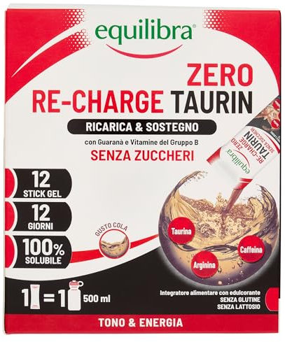 Equilibra, Taurina 1000mg, Integratore Stanchezza, Allenamento, Vegan, Senza Zuccheri, con Arginina, Caffeina da Guaranà, Vitamine Gruppo B, Gusto Cola, 12 Stick Gel da Sciogliere in Acqua