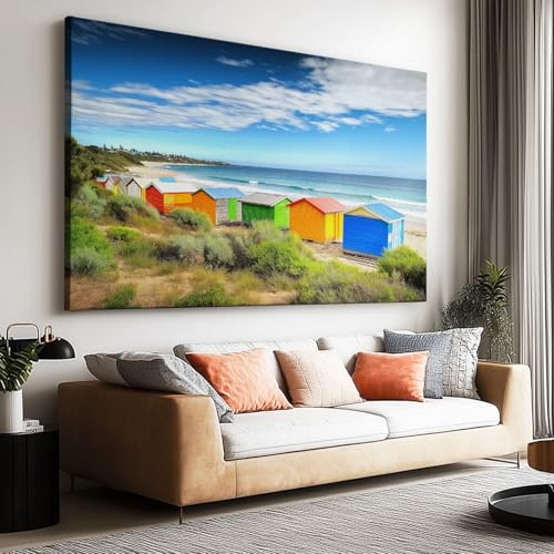 Leinwand-Wandkunst 140 x 70 cm Ungerahmt - Buntes Ferienhaus am Meer Leinwandbild Kunstdruck Groß XXL für Wohnzimmer Schlafzimmer Wandbilder Canvas Design Dekoration