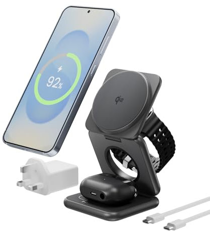 KU XIU Qi2 3-in-1 Wireless Charger for Samsung, 15W Charging Station for Galaxy S25, Z Fold7, Magnetic Foldable Travel Charger stand for Galaxy Watch, for Galaxy Buds(45W Adapter Included)-Black
