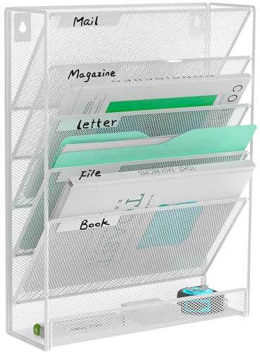 Heavty 6 Tier Vertical Hanging Wall Mount File Organizer, Metal Mesh Desk Mail Paper Document Folder Holder Rack with Bottom Flat Tray for Office Home School, White