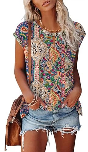Rapbin Womens T Shirts Summer Ladies Tops V Neck Vest Tops Cap Sleeve Tshirts Casual Blouse Elegant Shirt Red Boho M