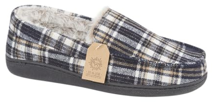 Jo & Joe Men's Moccasin Slippers, Herringbone Check Tweed, Fleece and Faux Fur Lined, Slip-On
