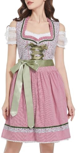 LINUCKER Dirndl Damen Midi Dirndlkleid Trachtenkleid 3 Teilig Dirndl-Sets inkl. Dirndlbluse Schürze Komplettset Lebendige Kleid für Oktoberfest Frische Lila Grün mit Kariert Trachtenrock