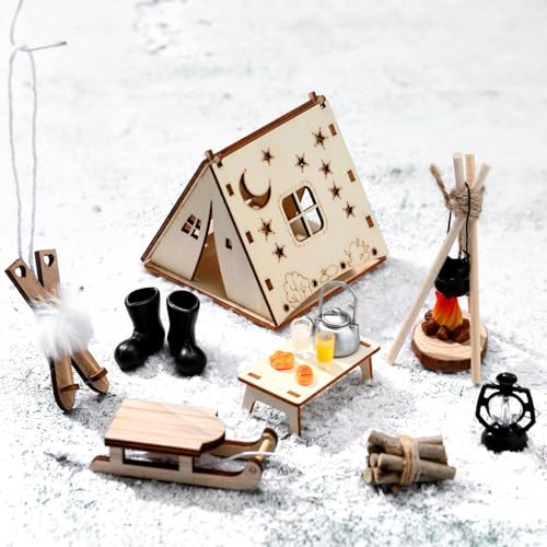 Jetec Miniatur Wichtel Zubehör DIY Weihnachten Puppenhauszubehör Mini Camping Zubehör Mini Holzzelt Holzschlitten Lagerfeuer für Weihnachten Deko, Weihnachtskrippe, Winterlandschaften