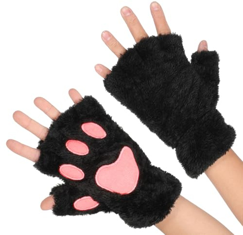 Xinjoduz 1 Paar Fingerlose Handschuhe Damen Katzenkostüm Kinder Süße Katzenpfoten Handschuhe Schwarz Winterplüsch Katzen Handschuh für Damen Mädchen Winter