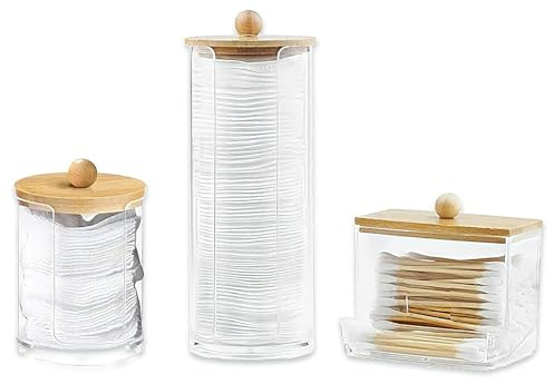 Vrexziy Cotton Pad Holder, 3 Pack Cotton Swab Box with Bamboo Lid (3 Sizes) | Cotton Ball Holder Cotton Pad Cosmetic Storage Box Suitable for Vanity Living Room Bedroom Study Room Bathroom