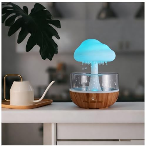 Weljoy Mushroom Cloud Rain Lamp, 7 Color Changing LED Tabletop Fountain with Water Drip Sounds, USB Rechargeable Desk Decor for Home, Office (Wood Grain Base)