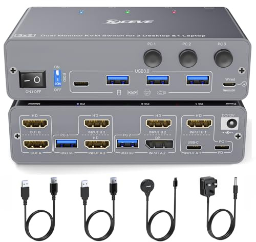 4K/1080P@60Hz USB C HDMI DP Dual Monitor KVM Switch 2 Monitor 2 Computers 1 Laptop with 4 USB 3.0 Ports, EDID Simulation, PD 73W for Laptop, Wired Remote Control and USB Cables Included
