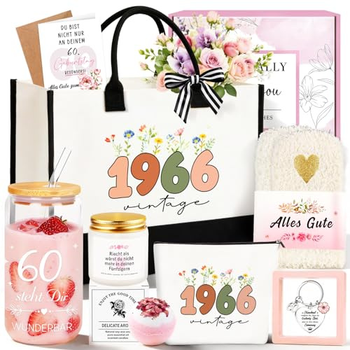 TUZELIYA 60 Geburtstag Frauen, 8tlg. Geburtstagsgeschenk für frauen mit Vintage 1966 Canvas Einkaufstasche, 60. Geburtstag Geschenkset mit Grußkarte für Oma, Mama, Ehefrau, Freundin, Kollegin