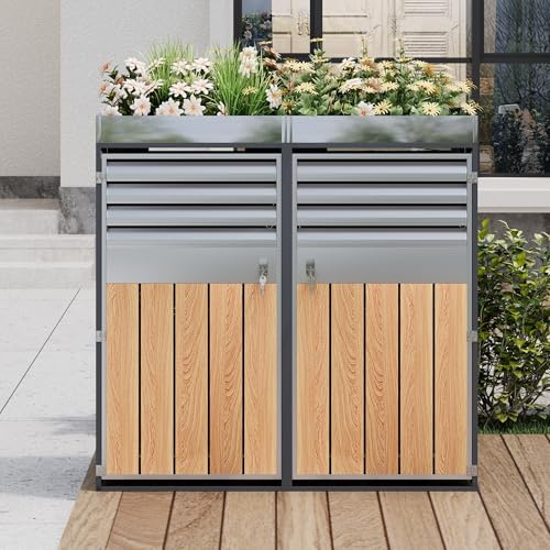 RAPRAP Box À Poubelles En Acier Galvanisé Pour 4 Poubelles, Ouverture De Ventilation Avec Lamelles, Verrouillable, Deux Portes, Espace Pour Plantes, Boîte À Poubelles, Cache-Poubelles,2 bin