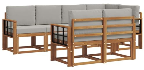 vidaXL Outdoor-Sofagarnitur mit Kissen 7 pcs Natürlich und Hellgrau, Garten Lounge Set, modernes Outdoor-Sofa, Bequeme Gartenmöbel, massives Holz-Sofa, vielseitige Garten-Couch