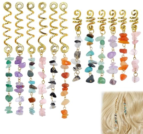 PH PandaHall 6 Styles Accessoires Capillaires en Pierre 12PCS Cristal Naturel Breloques de Tresse Spirales Dorées pour Dreadlocks Bijoux Capillaires à Pendentifs Gemmes pour Femmes Coiffure Tressée