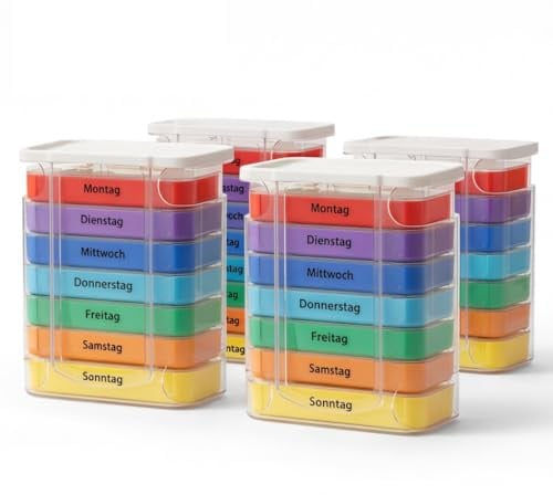 IEA Medical 4x Tablettenbox 7 Tage morgens, mittags, abends, nachts | Medikamentenbox & Pillendose mit 7×4=28 Fächern, transparent & farbcodiert – kompakt unterwegs, leicht zu öffnen