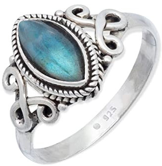 mantraroma Damen Ring 925 Silber Labradorit Edelstein blau ausgefallen verspielt