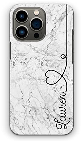 Personalised Initials Hard Phone Case For Apple iPhones, 15, 14,13, 12, Pro Max, Mini, XR, SE Grey and White Marble Print with Black Side Heart Line and Custom Name Marble Case, Hard Phone Cover