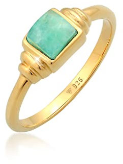 Elli Ring Elli PREMIUM Ring Damen Solitär Vintage Quadrat Schlicht mit Amazonit in 925 Sterling Silber Vergoldet