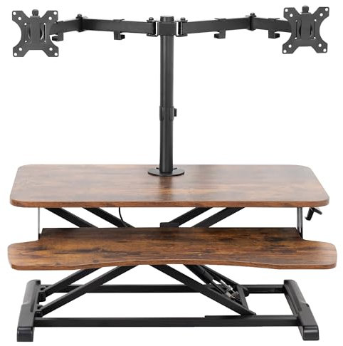 VIVO Convertitore da scrivania regolabile in altezza da 32 pollici con doppio supporto per monitor da 13 a 30 pollici, supporto per monitor e alzata da scrivania, top marrone vintage, telaio nero,