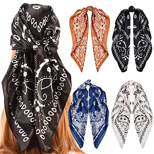 Elitecran 4 Stück Großer Quadratischer Schal, 90x90cm Damen Bandana Halstuch Damen Seide Gefühl Schal Halstuch,Satin Kopftuch für Frauen Kopftuch Vierecktuch Satin Mädchen