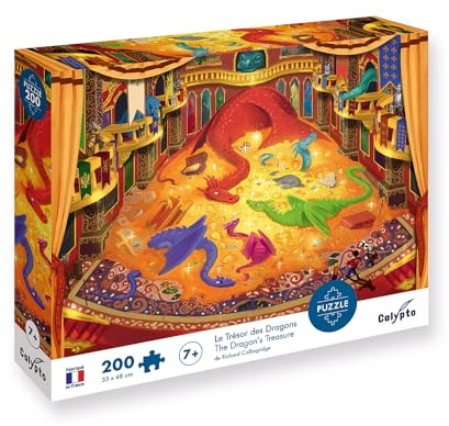 Calypto 3907402 Drachenschatz, 200 Teile Puzzle mit Soft Touch, Kinderpuzzle mit samtiger Oberfläche inkl. Puzzleposter, für Kinder ab 7 Jahren, Märchen, Fantasie, Drache, Weiß
