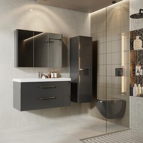 KAREN banyo Badezimmermöbel Set Lotus 100 Anthrazit Hochglanz | Keramikwaschbecken | Unterschrank | Spiegelschrank | Lip Griffe aus Chrom | Softclose-Schubladen | Modern | Badmöbel Waschtisch
