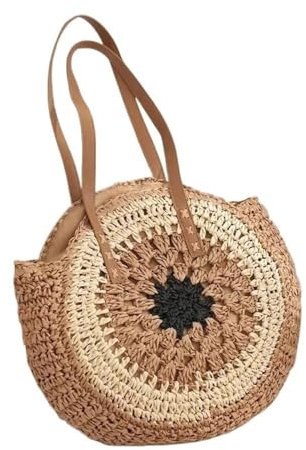 MBACODAI Frauen Runde Hohl Stroh Strand Tasche Handarbeit Gewebt Schulter Tasche Kreis Taschen Sommer Große Tote Casual Tasche (Color : Schwarz, Size : 30x2x41cm)