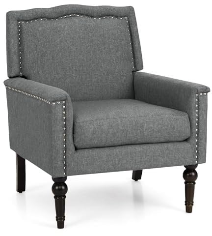 RELAX4LIFE Mid-Century Akzentstuhl, Moderner Lehnstuhl aus Leinenstoff mit dickem Kissen & Ziernägeln, Einzelsofa mit Gummiholzbeinen für Schlafzimmer & Wohnzimmer