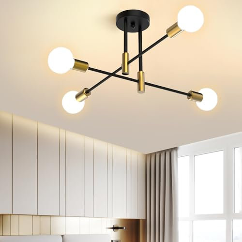Kuwork Deckenleuchte Vintage, 4 Flammig Deckenlampe Industrial Modern mit Metall und Aluminium für Wohnzimmer Esszimmer Küche Restaurant, E27 Fassung, Schwarz Gold