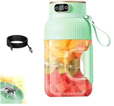 Licuadora portátil multifuncional con pantalla digital, licuadora portátil for batidos, licuadora portátil inalámbrica USB recargable for batidos, frutas y verduras(Green,Single cup+single lid)