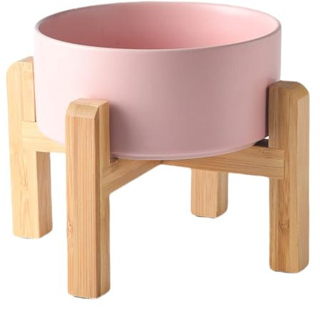 Welloyed 6'' Ceramic Raised Dog Bowl - 30Oz Dog Food & Water Bowl with Elevated Non-Slip Bamboo Stand, Dishwasher & Microwave Safe, Anti Vomiting Heavy Duty Pet Bowl for Small and Medium Dogs, Pink