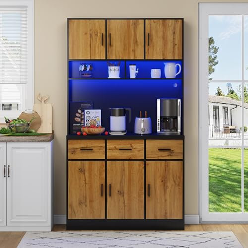 SogesHome Hochschrank Küchenschrank Vitrinen Schrank Buffetschrank mit LED Beleuchtung Schubladen Steckdosen für Küchen und Esszimmer,100x40x180 cm (Teak Schwarz)