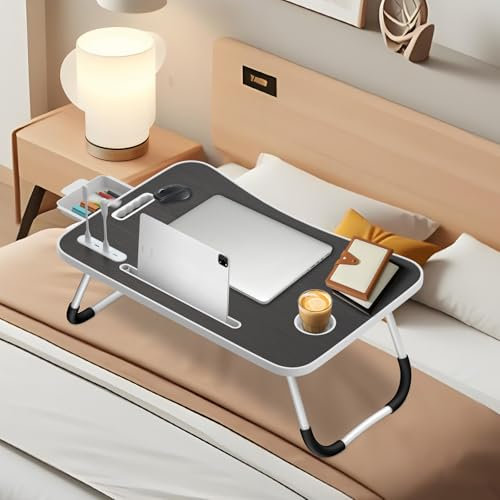 Ferghana Table de Lit Pliable avec Porte - Plateau Multifonctionnel Léger 60x40x28cm, pour Ordinateur Portable,Lit,Canapé (Emplacement pour carte + porte - gobelet + tiroir + lampe + ventilateur,Noir)