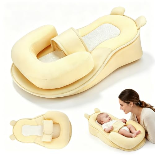 Coussin d'allaitement avec bordure de sécurité, Coussin de soutien d'allaitement multifonctionnel pour les mères avec harnais de sécurité réglable, Coussin en coin pour bébé pour réduire le reflux et