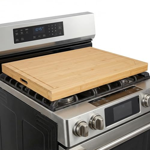 Bamboo Cutting Board Stove Cover with Handles & Juice Grooves | 75x55x5cm Wooden Noodle Board, Reversible Serving Tray, Multifunctional Hob Protector for Gas